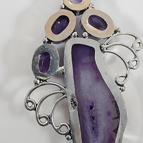 Handmade Silver Pendant – Purple Druzy Agate & Amethyst + 20" Silver Snake Chain - Picture 4 of 10